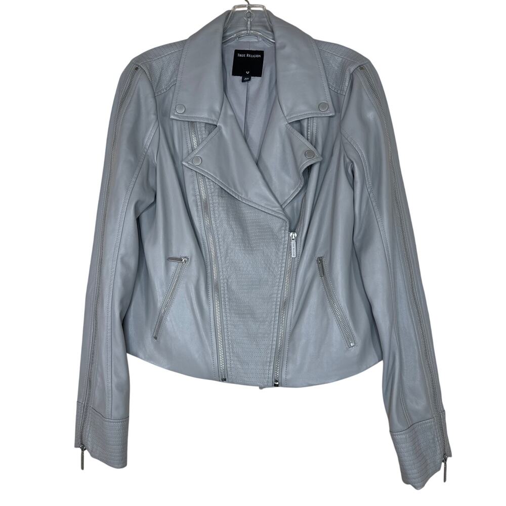 True Religion Faux Vegan Leather Moto Biker Jacket Gray Women's Size Medium